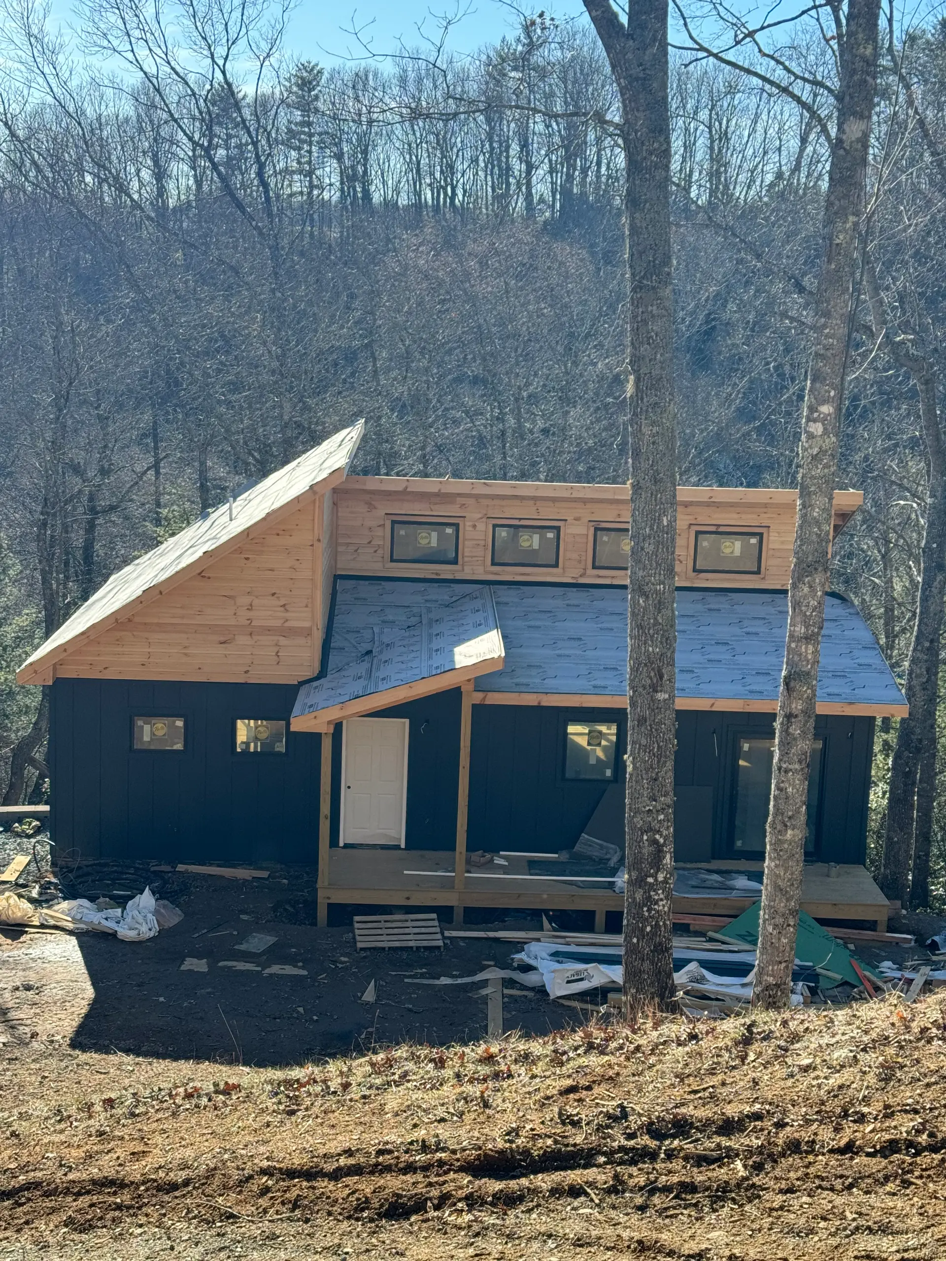 Modern hillside cabin with charcoal siding