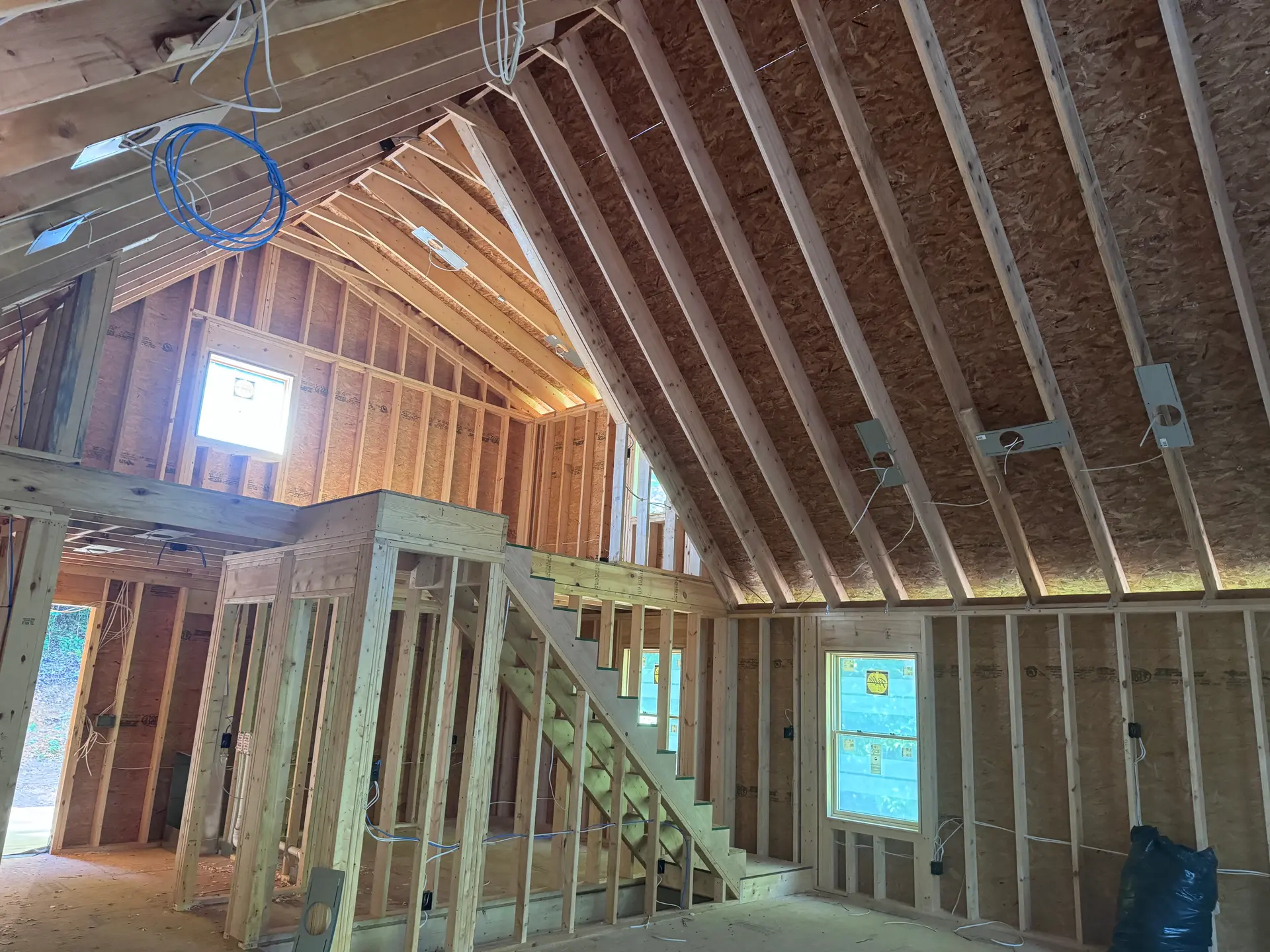 Interior wood framing with a vaulted ceiling